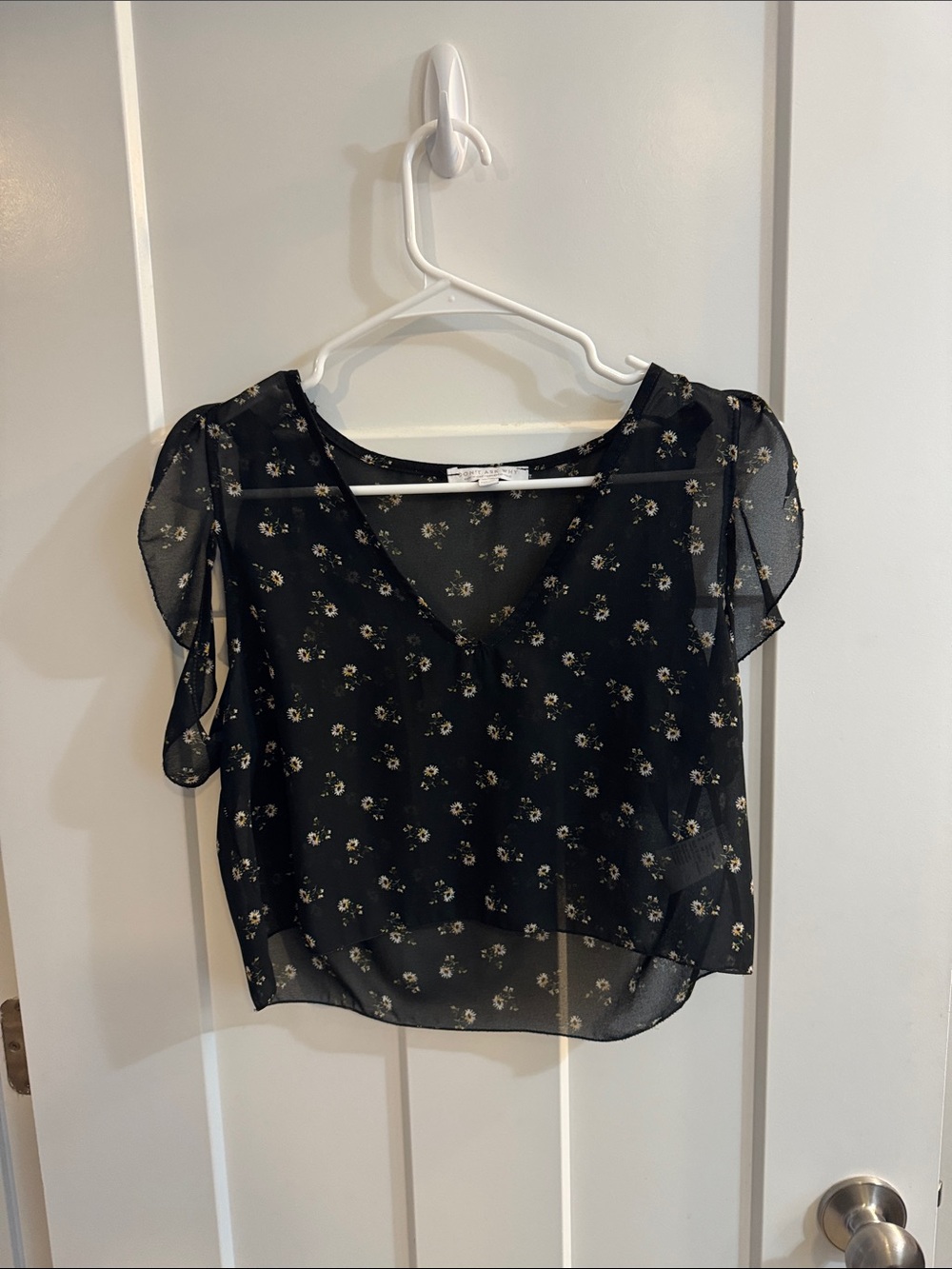 Sheer Black Floral V-Neck Women's Top
